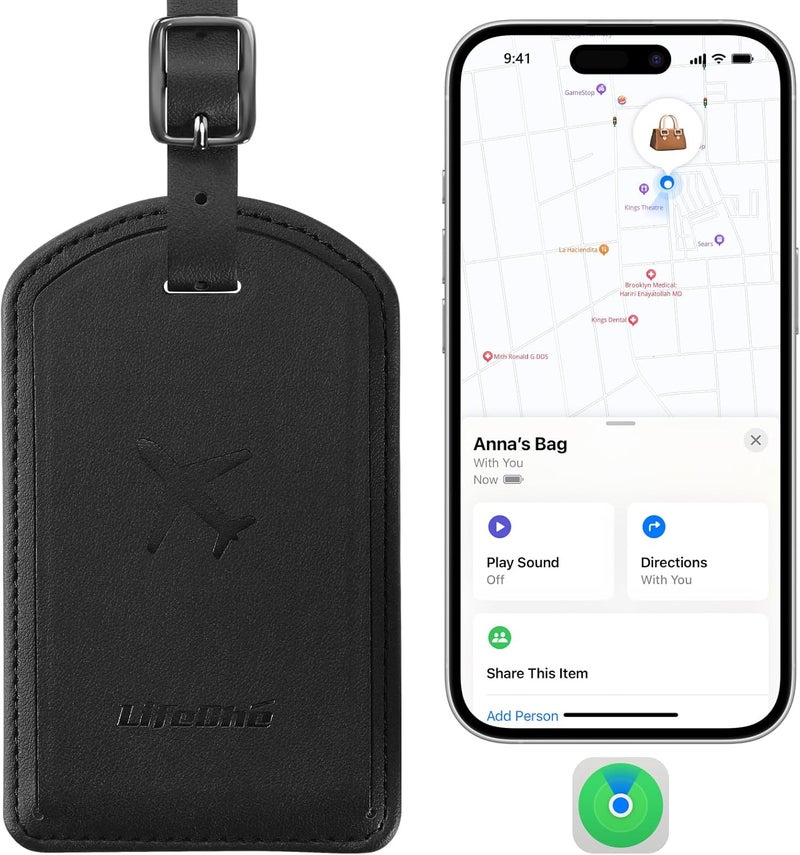 LifeChé Luggage Tags Built-in Anti-Loss Tracker, Luxury Leather Luggage Tags for Suitcase, Travel Bags, Backpacks, Travel Organizer for Lost Baggage Prevention (Black) - Image 1